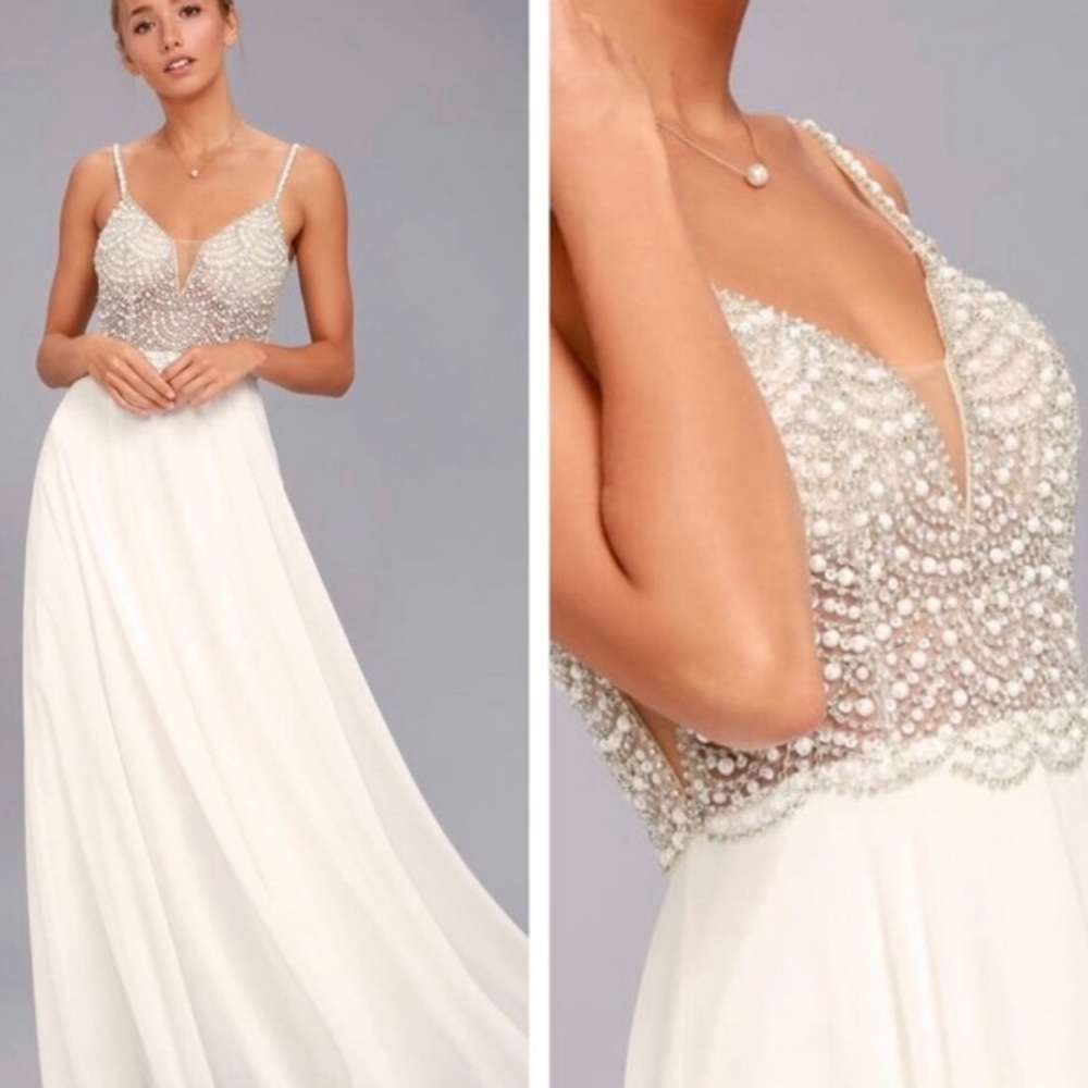 Lulu's White and Silver Beaded Wedding Dress